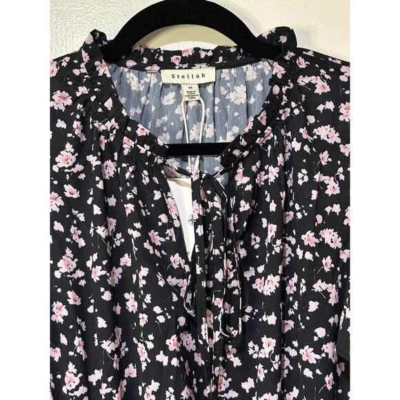 Stellah Tie-Neck Mini Dress Black Floral Print Size Medium NWT - Picture 4 of 14